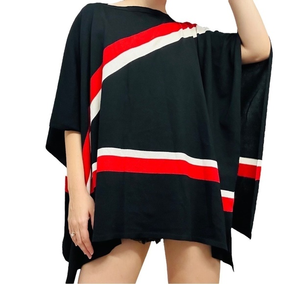 St. John Cape Poncho Sweater Wool Knit Minimalist Designer Black Striped Small - Picture 2 of 9
